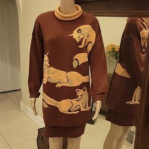 Vintage 1980's Escada Whool Sweater & Skirt Set with Foxes